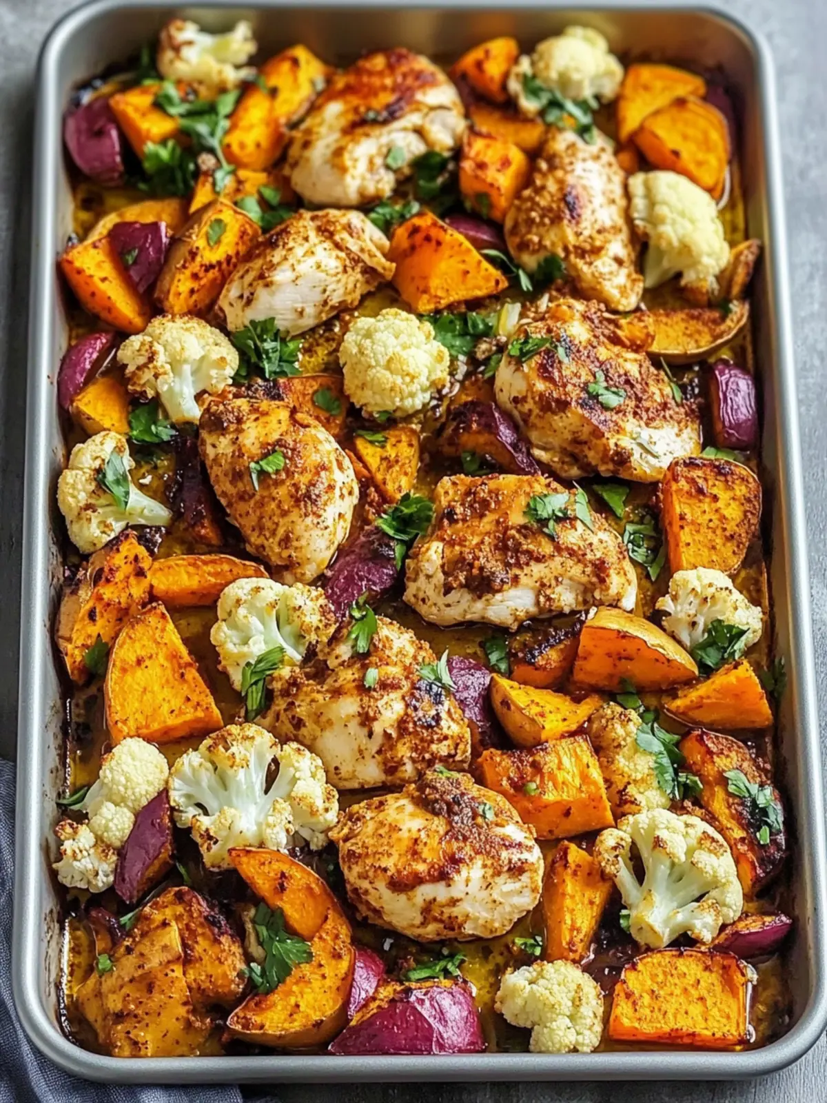 Savory Sheet Pan Moroccan-Spiced Chicken with Sweet Potatoes & Cauliflower 3 Sheet Pan Moroccan-Spiced Chicken with Sweet Potatoes & Cauliflower