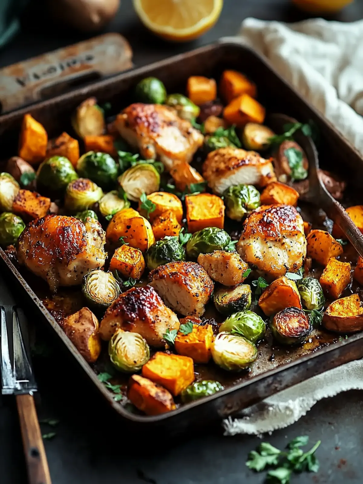 Savory Baked Chicken with Brussels Sprouts and Sweet Potatoes 4 Baked Chicken with Brussels Sprouts and Sweet Potatoes