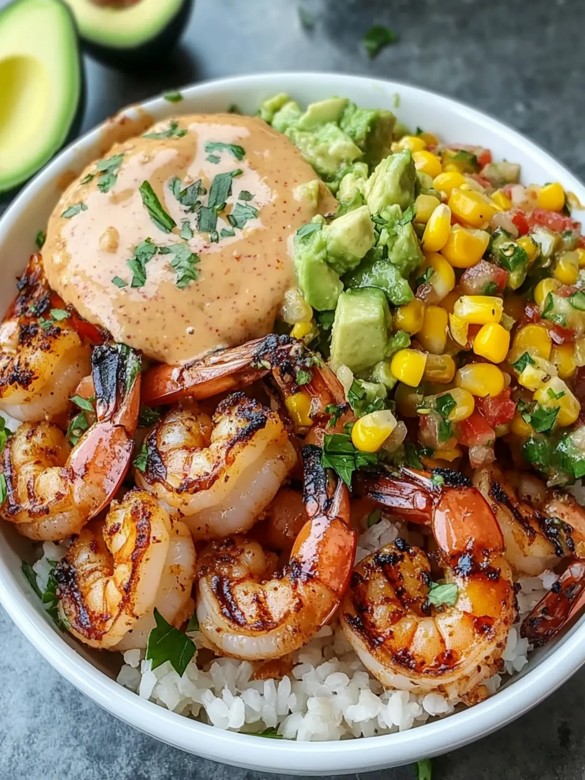 Fresh Grilled Shrimp Bowl with Avocado Corn Salsa Delight 2 Fresh Grilled Shrimp Bowl with Avocado Corn Salsa Creamy Sauce
