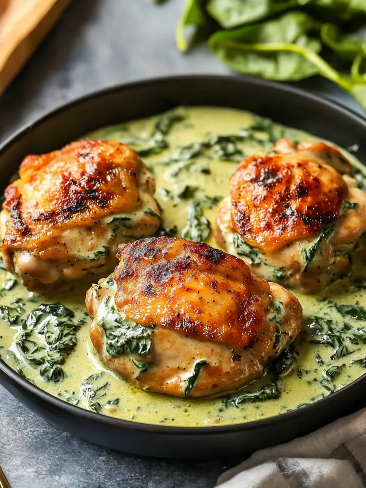 Savory Chicken Thighs with Creamy Spinach Sauce Delight 2 Chicken Thighs with Creamy Spinach Sauce