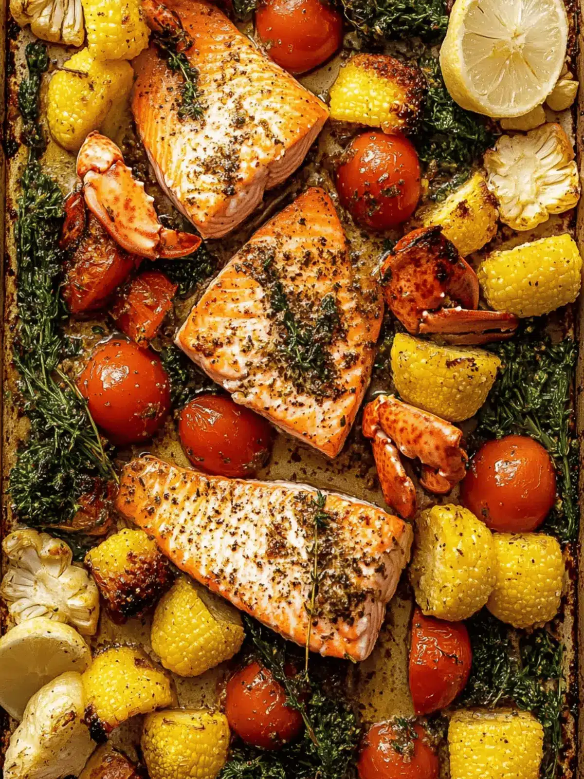 Delicious Sheet Pan Garlic Herb Salmon, Lobster, & Veggies Feast 4 Sheet Pan Garlic Herb Salmon, Lobster, + Veggies
