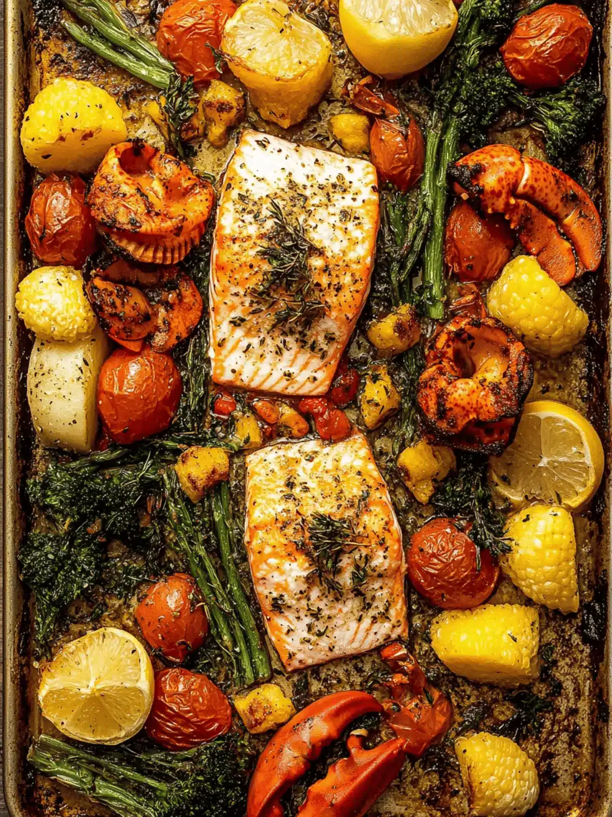 Delicious Sheet Pan Garlic Herb Salmon, Lobster, & Veggies Feast 2 Sheet Pan Garlic Herb Salmon, Lobster, + Veggies