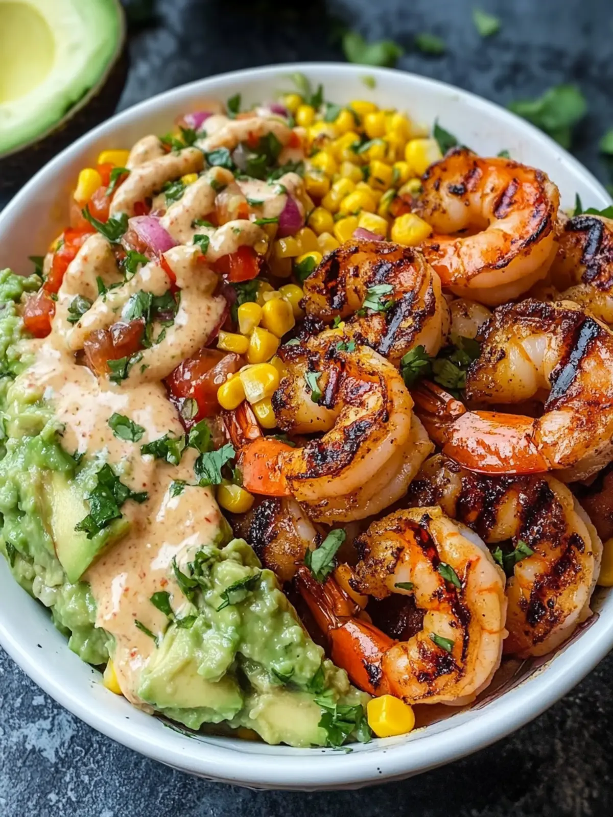 Fresh Grilled Shrimp Bowl with Avocado Corn Salsa Delight 4 Fresh Grilled Shrimp Bowl with Avocado Corn Salsa Creamy Sauce