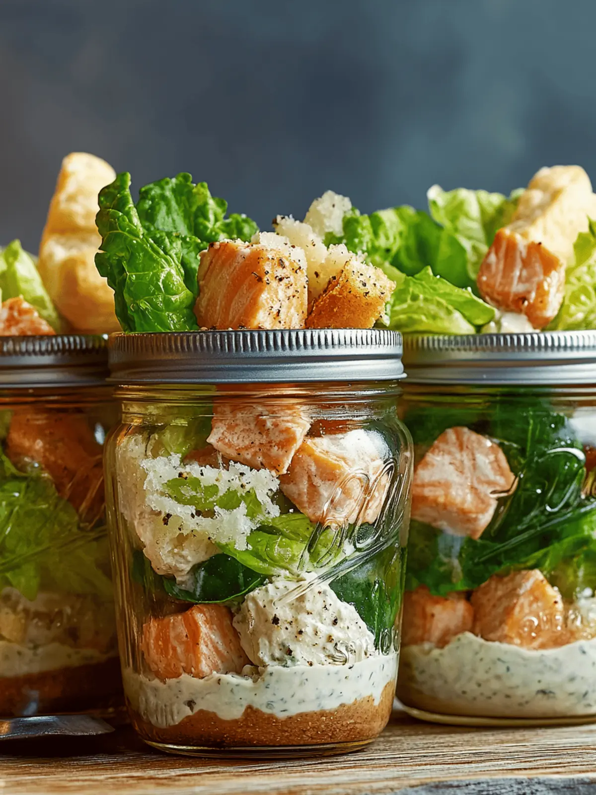 Savory Salmon Caesar Salad Jars for a Gourmet Lunch On-the-Go 2 Salmon Caesar Salad Jars