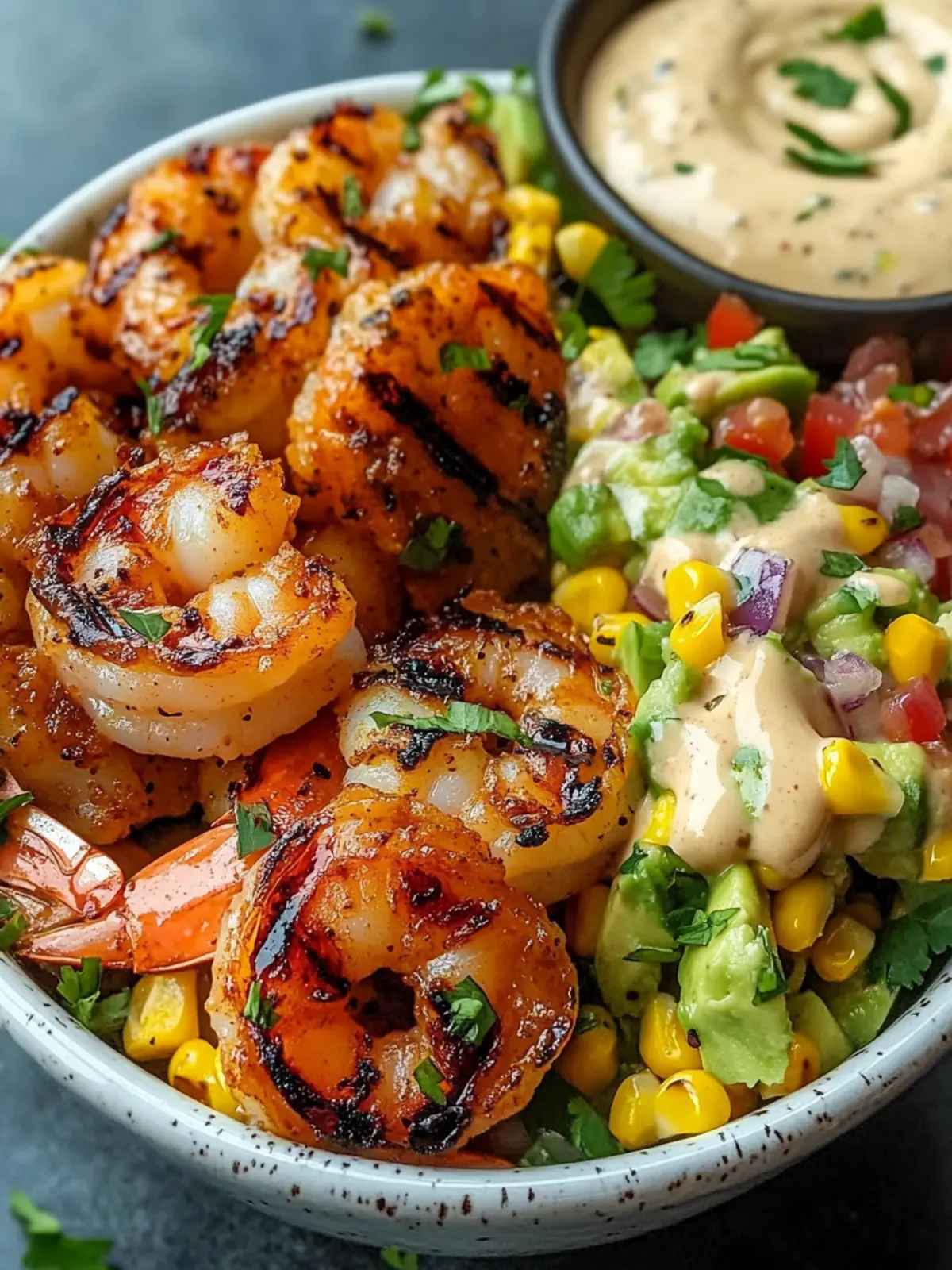Fresh Grilled Shrimp Bowl with Avocado Corn Salsa Delight 3 Fresh Grilled Shrimp Bowl with Avocado Corn Salsa Creamy Sauce