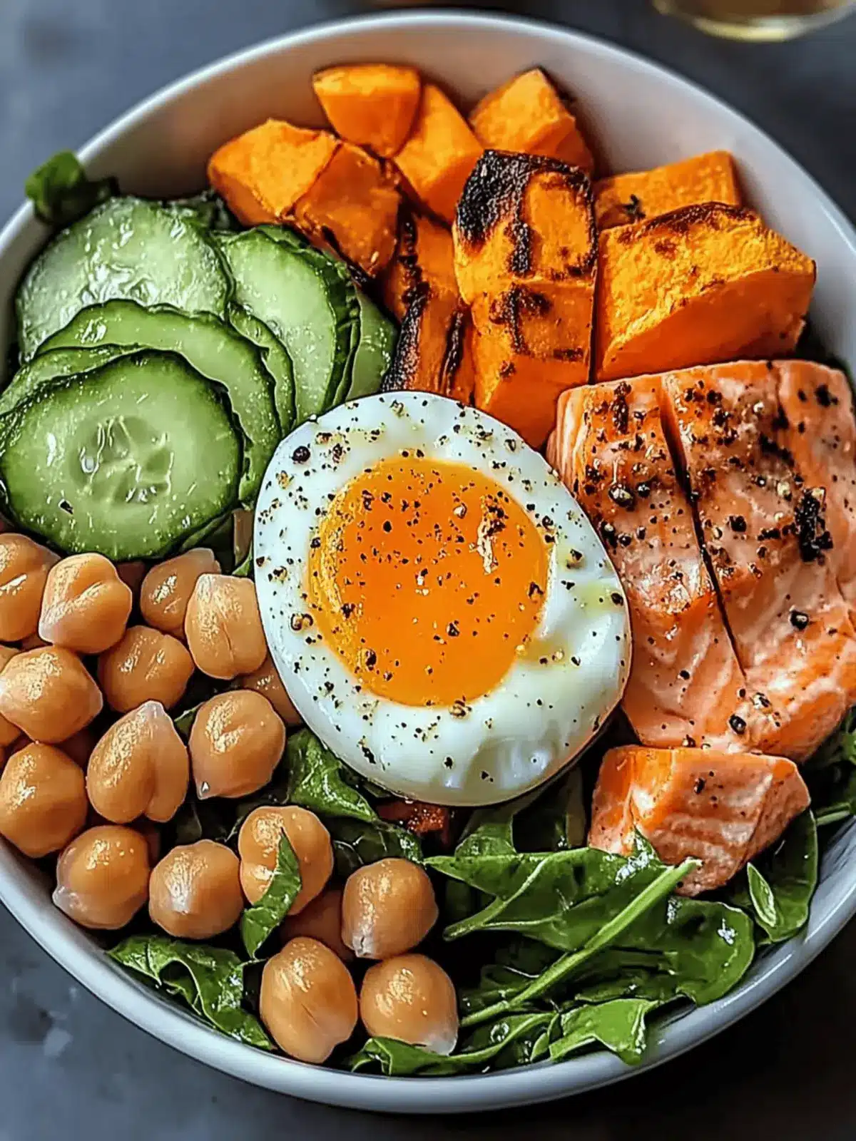 Omega Bowl: Energizing Salmon, Jammy Egg & Sweet Potato Bliss 3 Omega Bowl: Salmon, Jammy Egg & Greens with Chickpeas & Sweet Potato