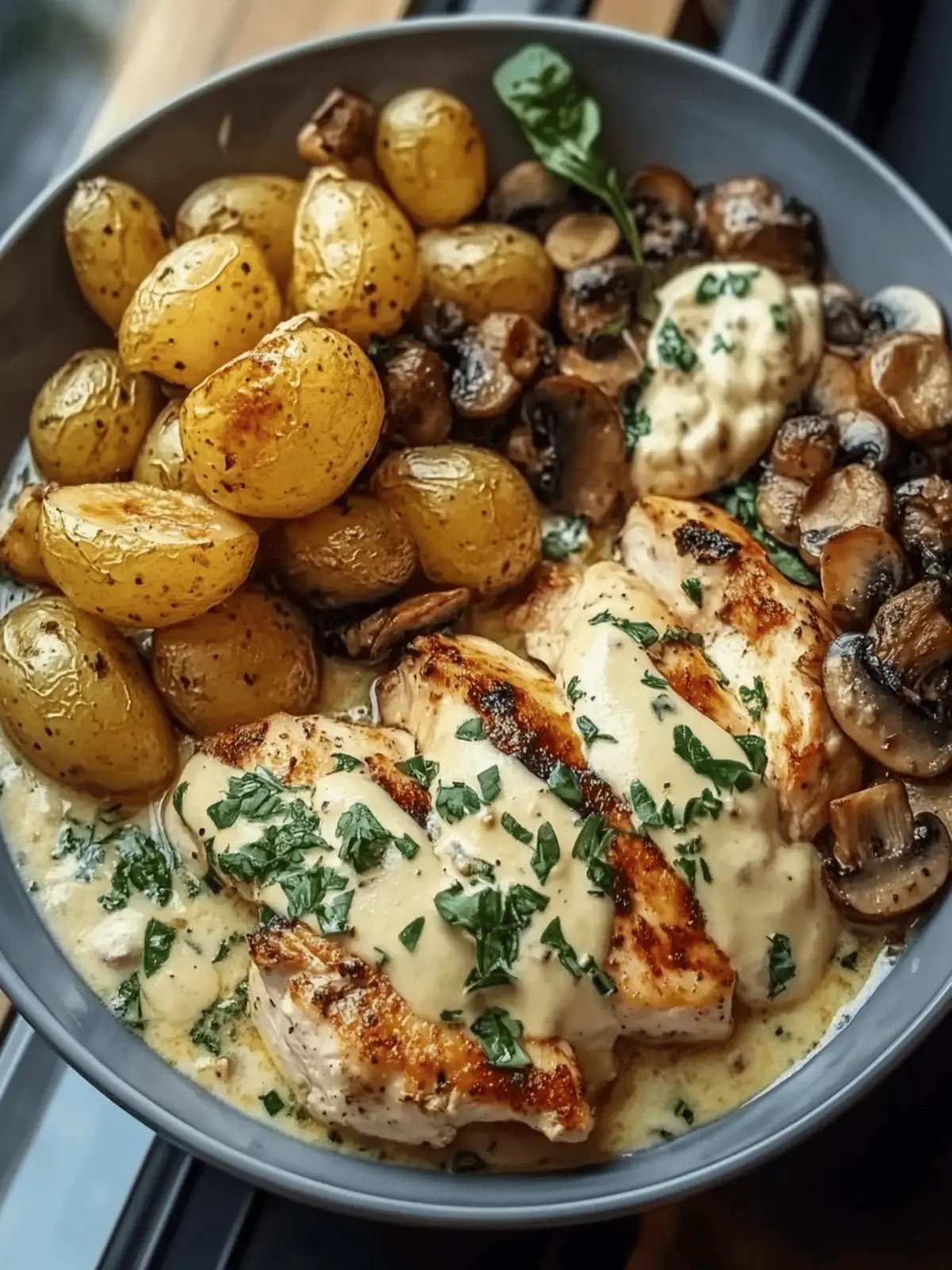 Indulge in Chestnut Garlic Greek Chicken Alfredo Bliss 4 Chestnut Garlic Greek Chicken Alfredo with Sage Potatoes & Mushroom Basil Pesto Cream