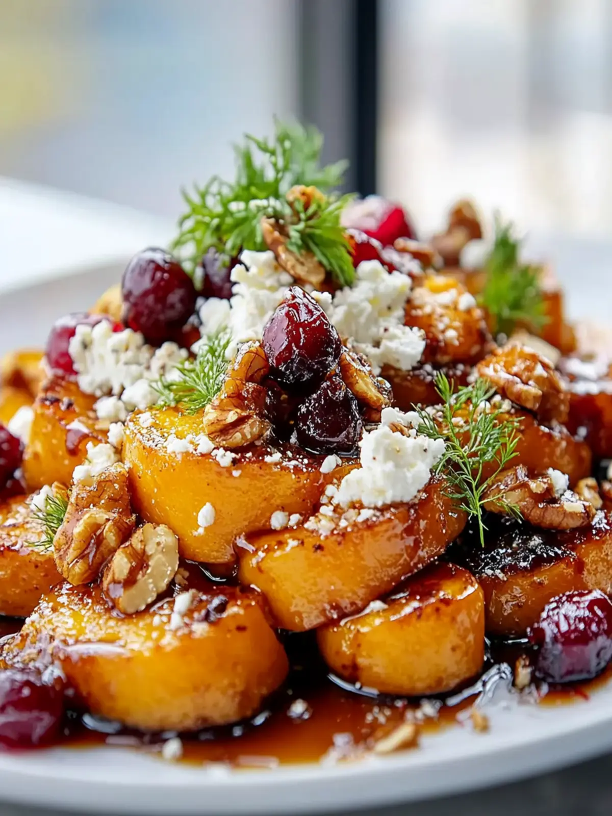 Caramelized Butternut Squash with Feta & Sweet Honey Glaze 3 Caramelized Butternut Squash with Feta, Walnuts & Cranberry-Honey Glaze
