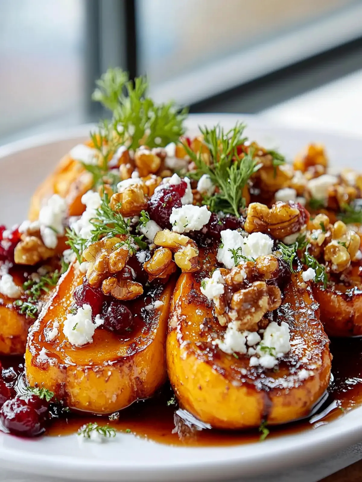 Caramelized Butternut Squash with Feta & Sweet Honey Glaze 4 Caramelized Butternut Squash with Feta, Walnuts & Cranberry-Honey Glaze