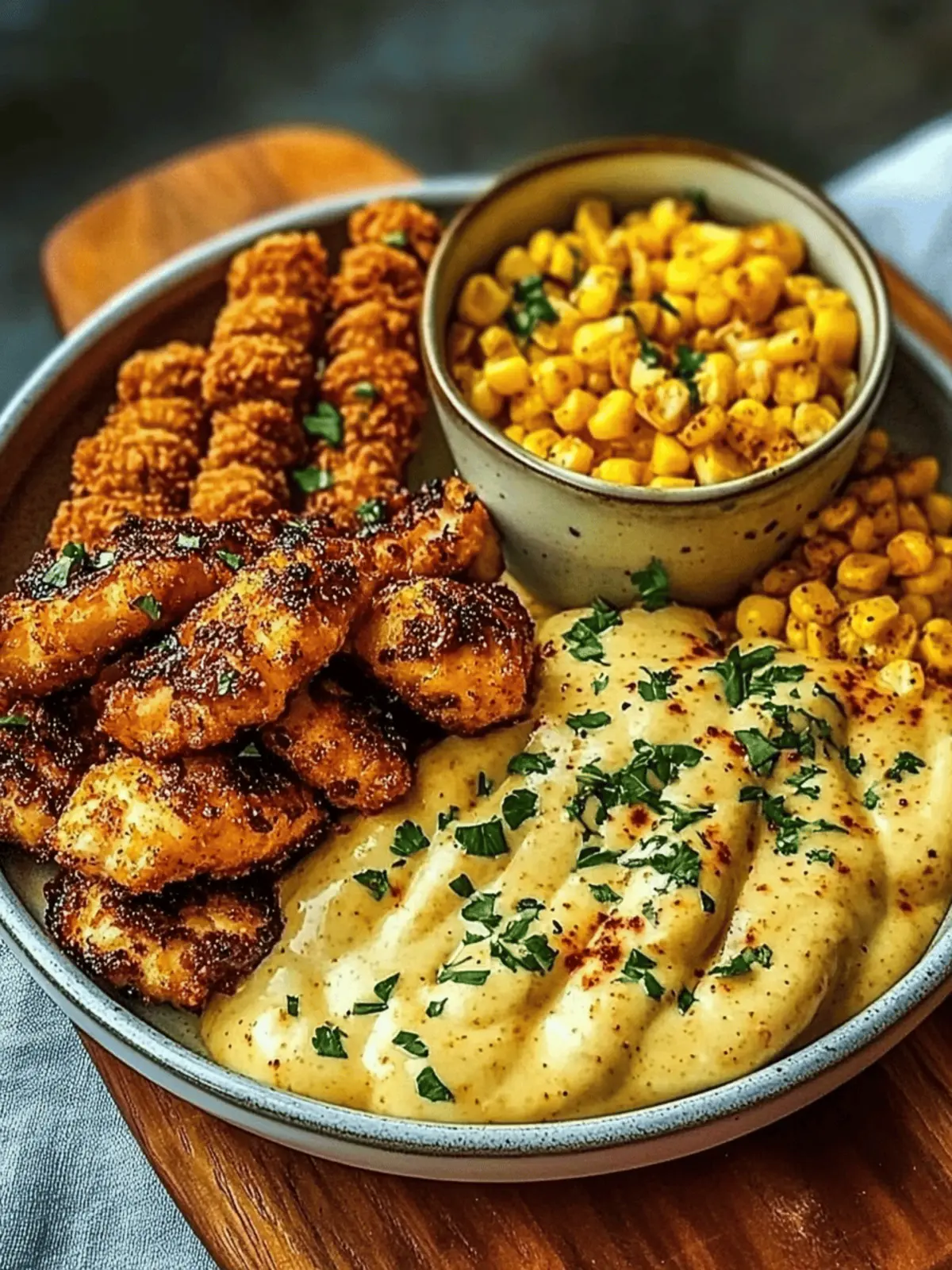 Crispy Chicken Bites & Blackened Cajun Alfredo Delight 4 Crispy Chicken Bites & Blackened Cajun Alfredo with Roasted Corn Twists
