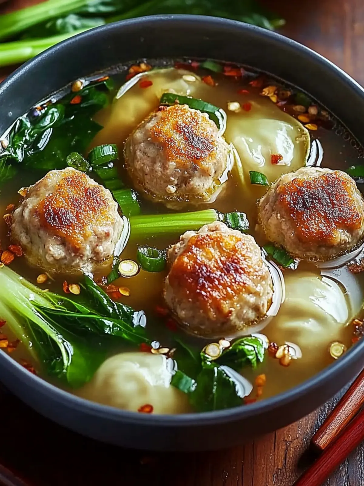 Ginger Chicken Meatball Soup with Crispy Wontons for Cozy Nights 2 Ginger Chicken Meatball Soup with Baby Bok Choy and Crispy Wonton Strips