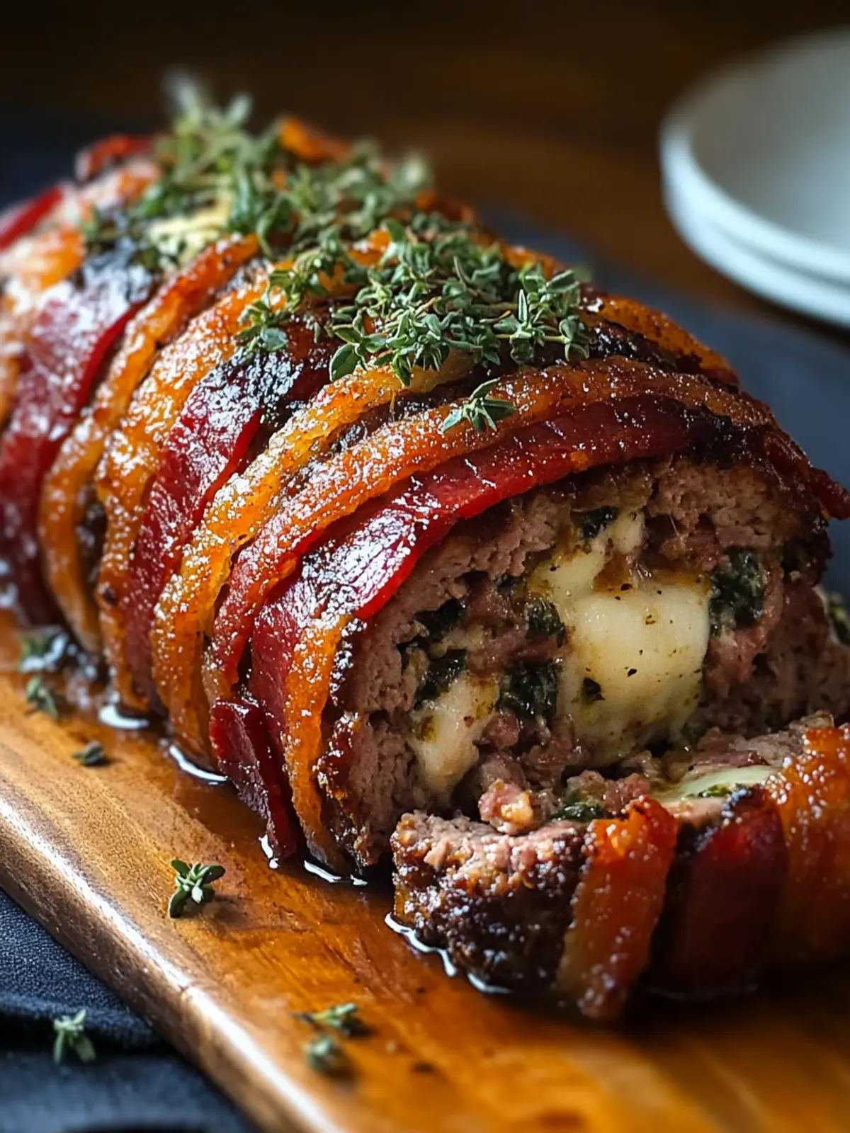 Savory Mozzarella Stuffed Bacon Wrapped Meatloaf Delight 2 Mozzarella stuffed bacon wrapped meatloaf