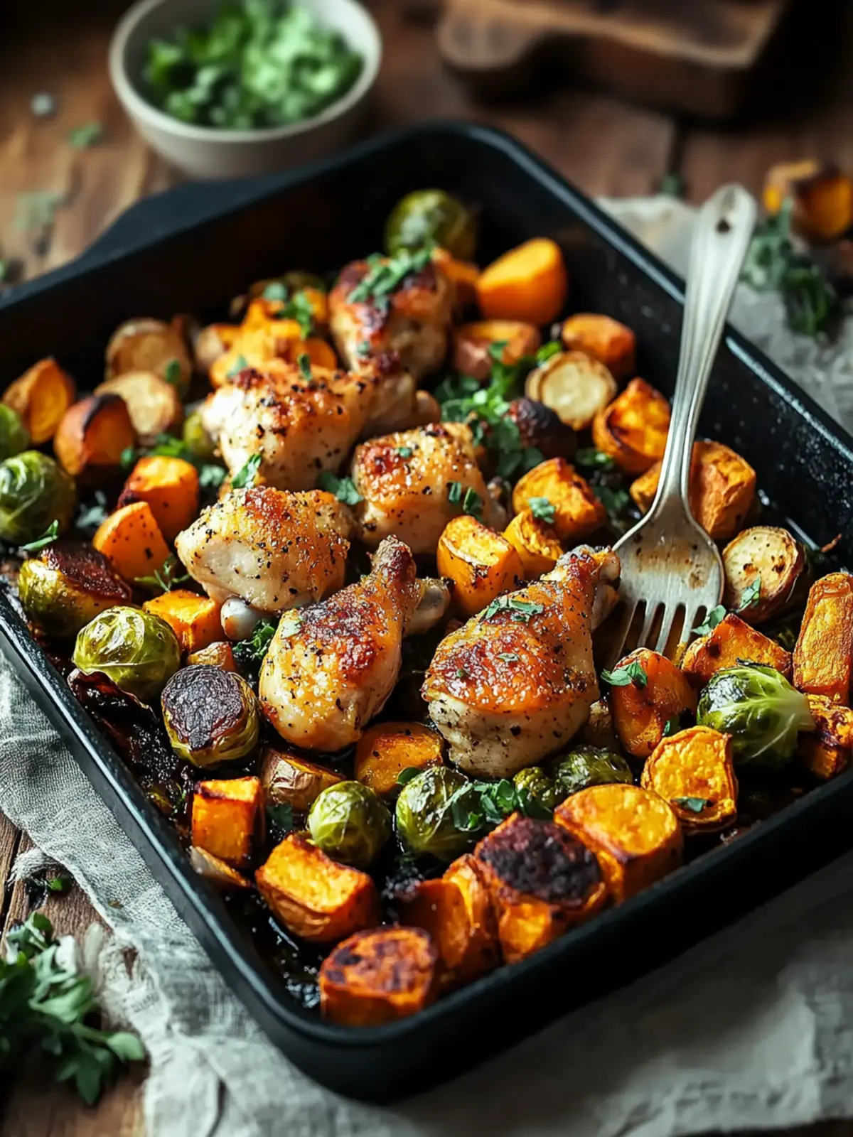 Savory Baked Chicken with Brussels Sprouts and Sweet Potatoes 2 Baked Chicken with Brussels Sprouts and Sweet Potatoes