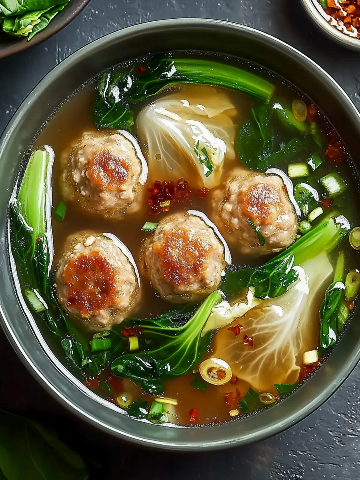 Ginger Chicken Meatball Soup with Crispy Wontons for Cozy Nights 3 Ginger Chicken Meatball Soup with Baby Bok Choy and Crispy Wonton Strips