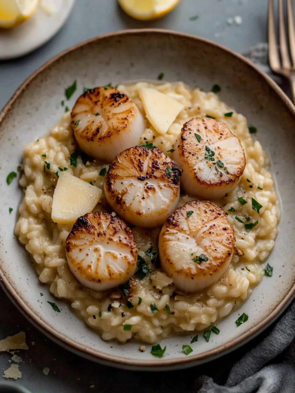 Savor Brown Butter Scallops with Creamy Parmesan Risotto 2 Brown Butter Scallops Parmesan Risotto