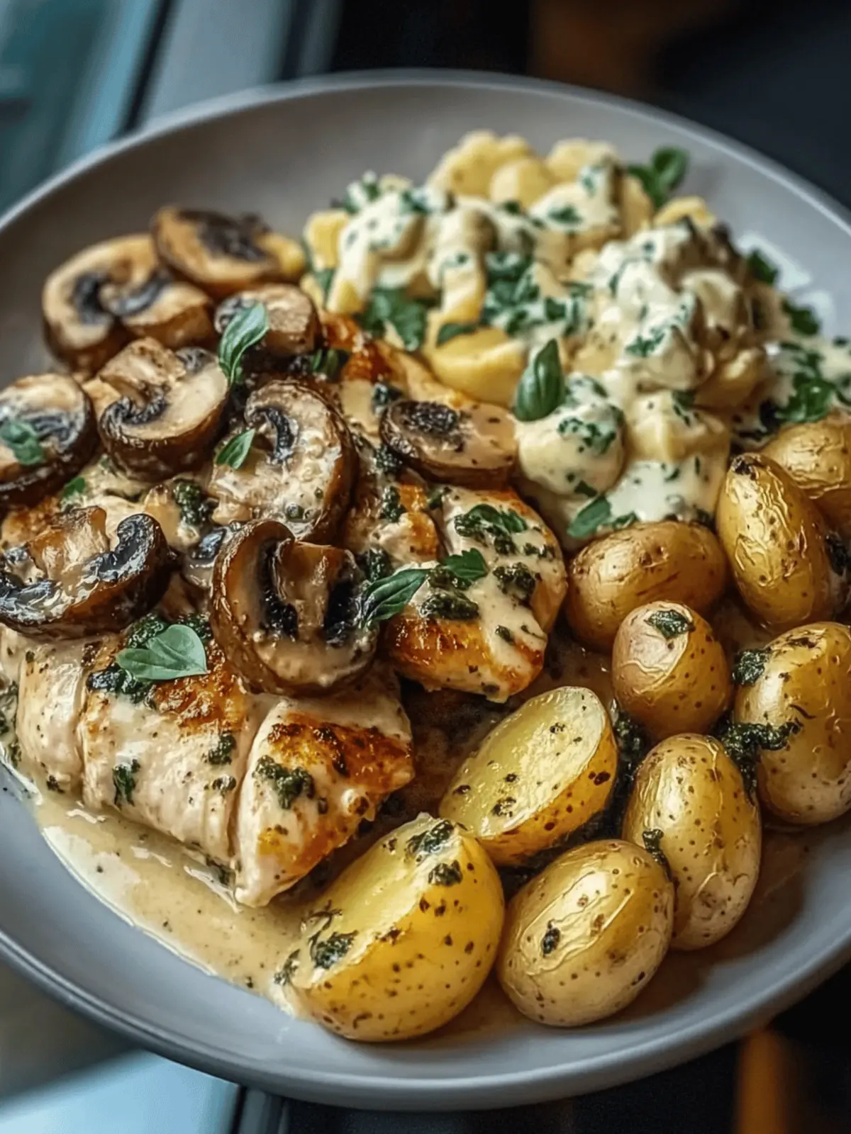 Indulge in Chestnut Garlic Greek Chicken Alfredo Bliss 2 Chestnut Garlic Greek Chicken Alfredo with Sage Potatoes & Mushroom Basil Pesto Cream