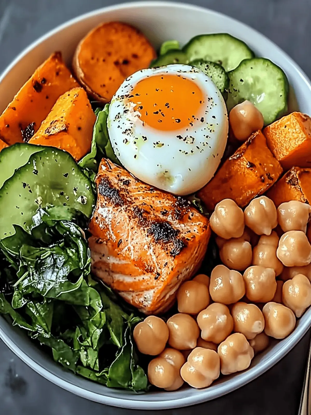 Omega Bowl: Energizing Salmon, Jammy Egg & Sweet Potato Bliss 2 Omega Bowl: Salmon, Jammy Egg & Greens with Chickpeas & Sweet Potato