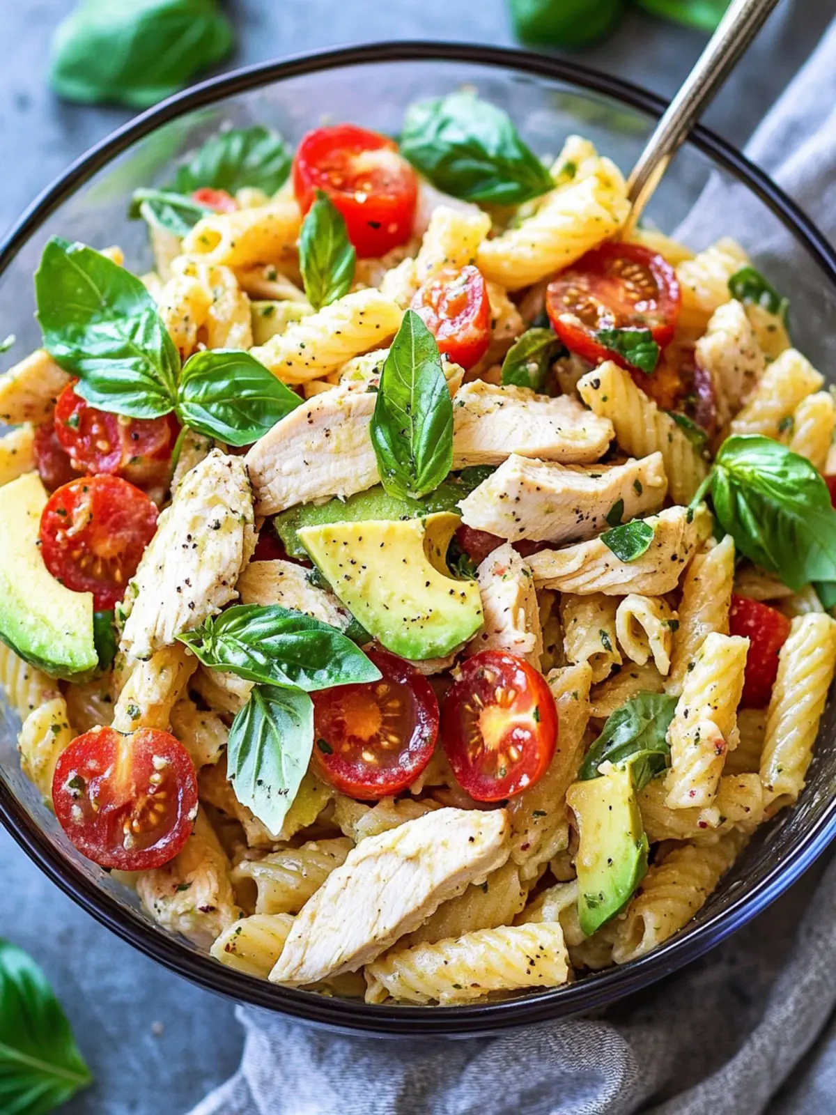 Delicious Chicken Pasta Salad with Avocado, Tomato, and Basil 3 Chicken Pasta Salad with Avocado, Tomato, and Basil