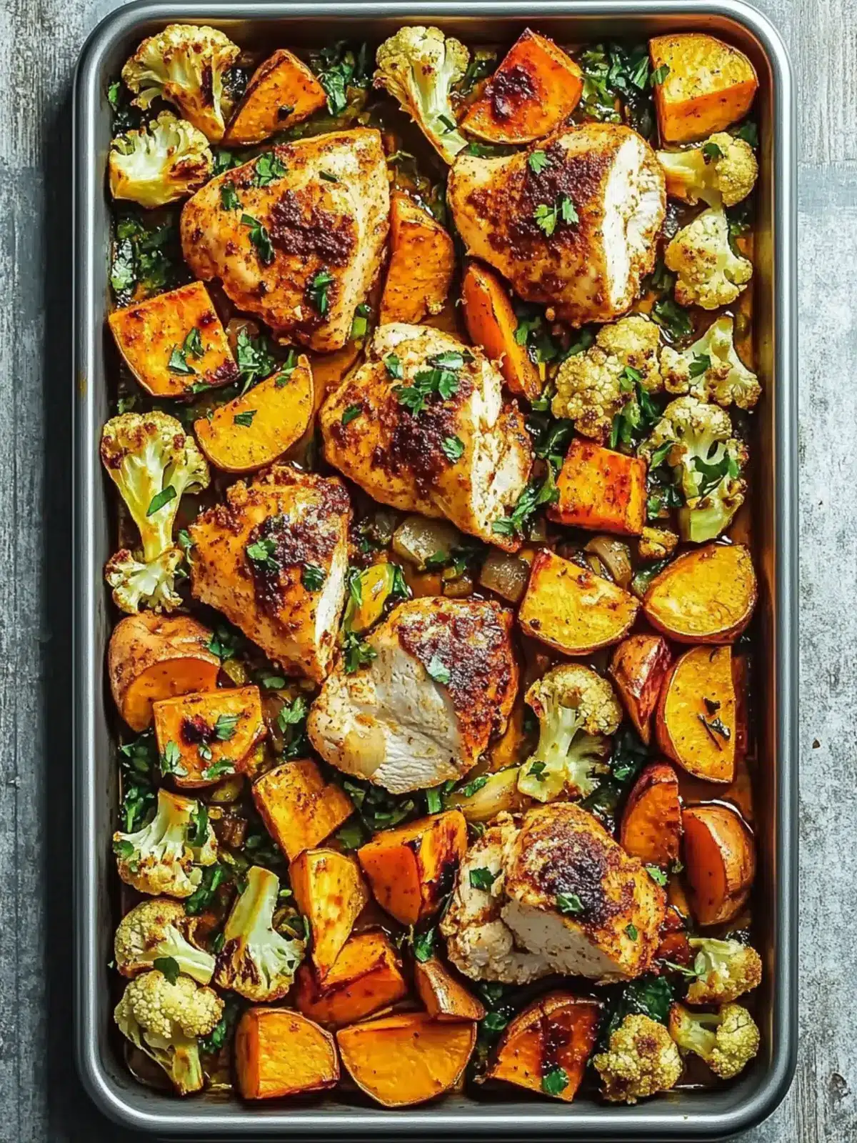 Savory Sheet Pan Moroccan-Spiced Chicken with Sweet Potatoes & Cauliflower 2 Sheet Pan Moroccan-Spiced Chicken with Sweet Potatoes & Cauliflower