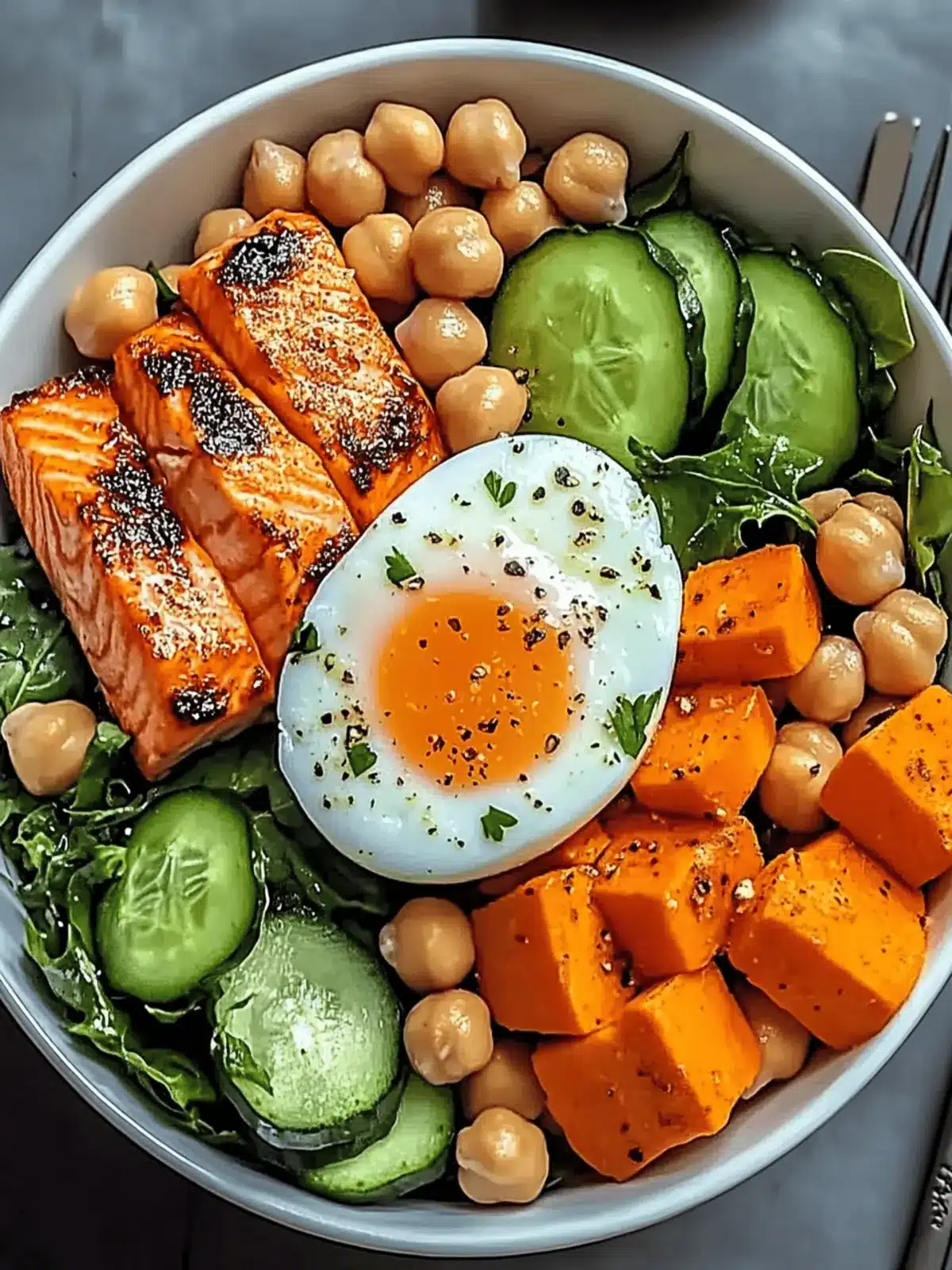 Omega Bowl: Energizing Salmon, Jammy Egg & Sweet Potato Bliss 4 Omega Bowl: Salmon, Jammy Egg & Greens with Chickpeas & Sweet Potato