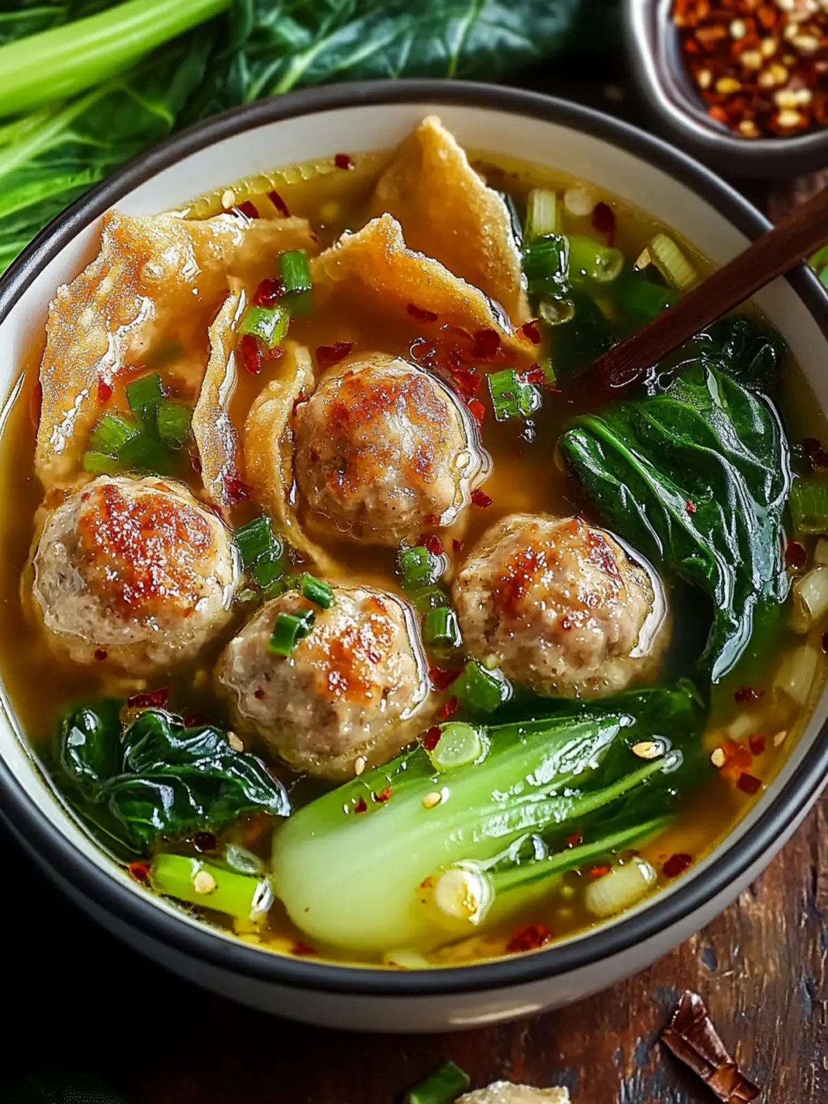 Ginger Chicken Meatball Soup with Crispy Wontons for Cozy Nights 4 Ginger Chicken Meatball Soup with Baby Bok Choy and Crispy Wonton Strips