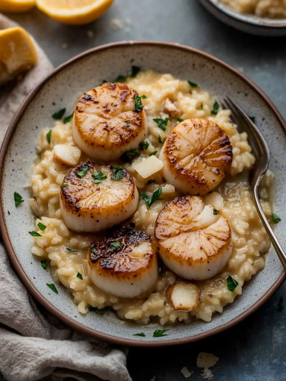 Savor Brown Butter Scallops with Creamy Parmesan Risotto 4 Brown Butter Scallops Parmesan Risotto