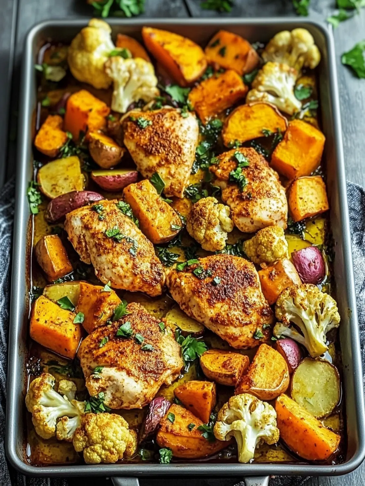 Savory Sheet Pan Moroccan-Spiced Chicken with Sweet Potatoes & Cauliflower 4 Sheet Pan Moroccan-Spiced Chicken with Sweet Potatoes & Cauliflower