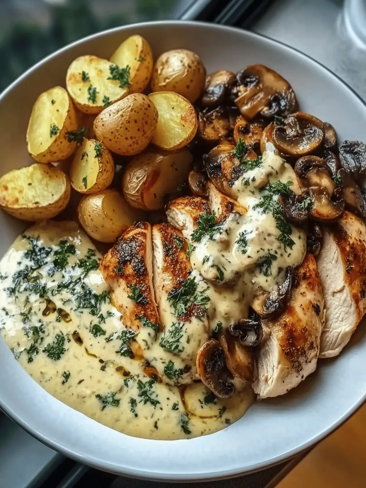 Indulge in Chestnut Garlic Greek Chicken Alfredo Bliss 3 Chestnut Garlic Greek Chicken Alfredo with Sage Potatoes & Mushroom Basil Pesto Cream