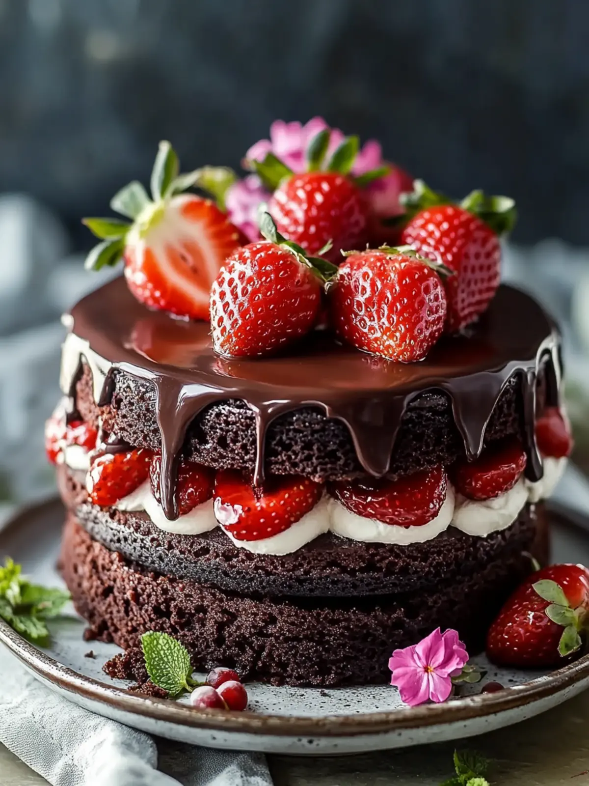Decadent Chocolate Cake with Fresh Strawberry Filling Bliss 3 Chocolate Cake with Fresh Strawberry Filling