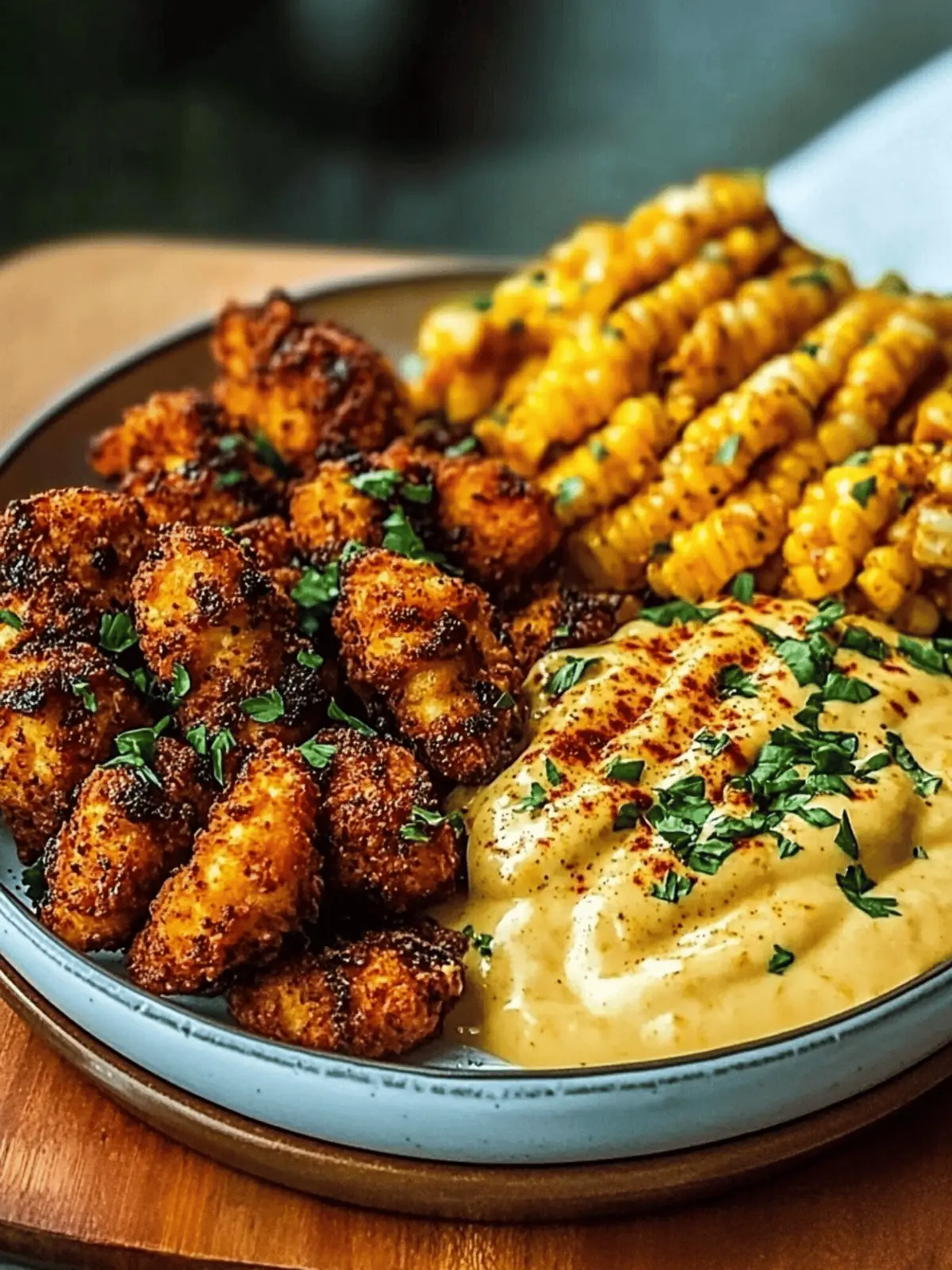 Crispy Chicken Bites & Blackened Cajun Alfredo Delight 2 Crispy Chicken Bites & Blackened Cajun Alfredo with Roasted Corn Twists