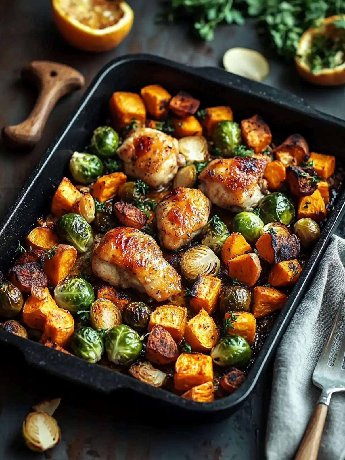 Savory Baked Chicken with Brussels Sprouts and Sweet Potatoes 3 Baked Chicken with Brussels Sprouts and Sweet Potatoes