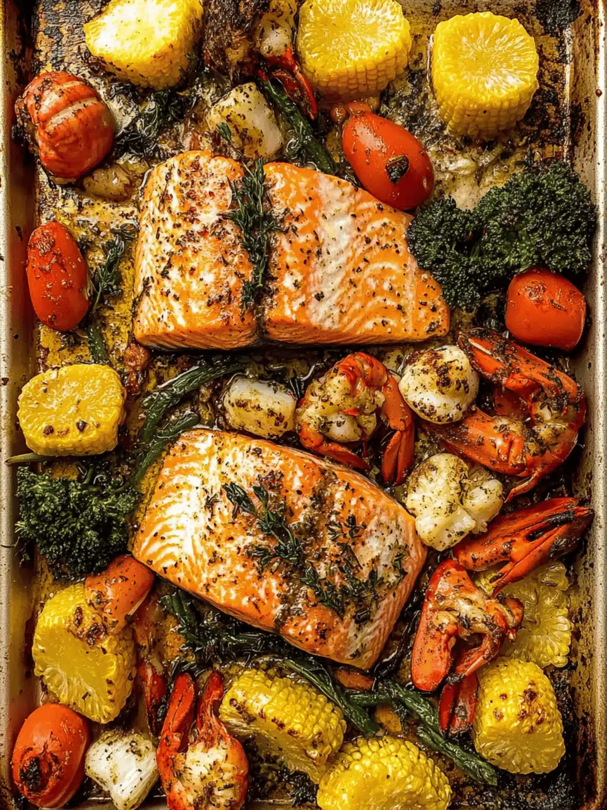Delicious Sheet Pan Garlic Herb Salmon, Lobster, & Veggies Feast 3 Sheet Pan Garlic Herb Salmon, Lobster, + Veggies